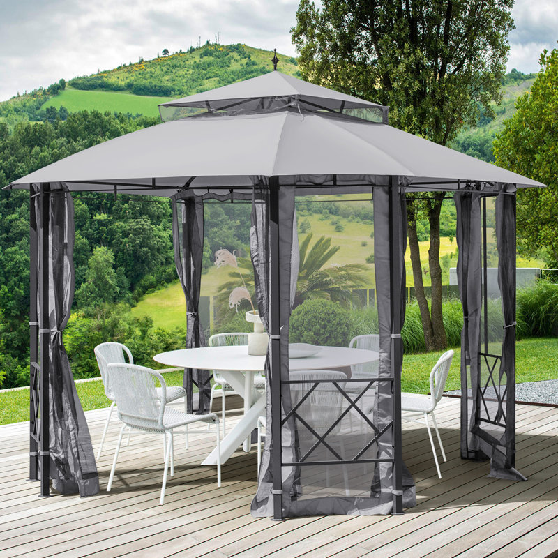 12 x10 Patio Gazebo Heavy Duty Outdoor Canopy With Mesh Curtains And Safety Bars Canopy Tent With Waterproof Double Roof Tops For Garden